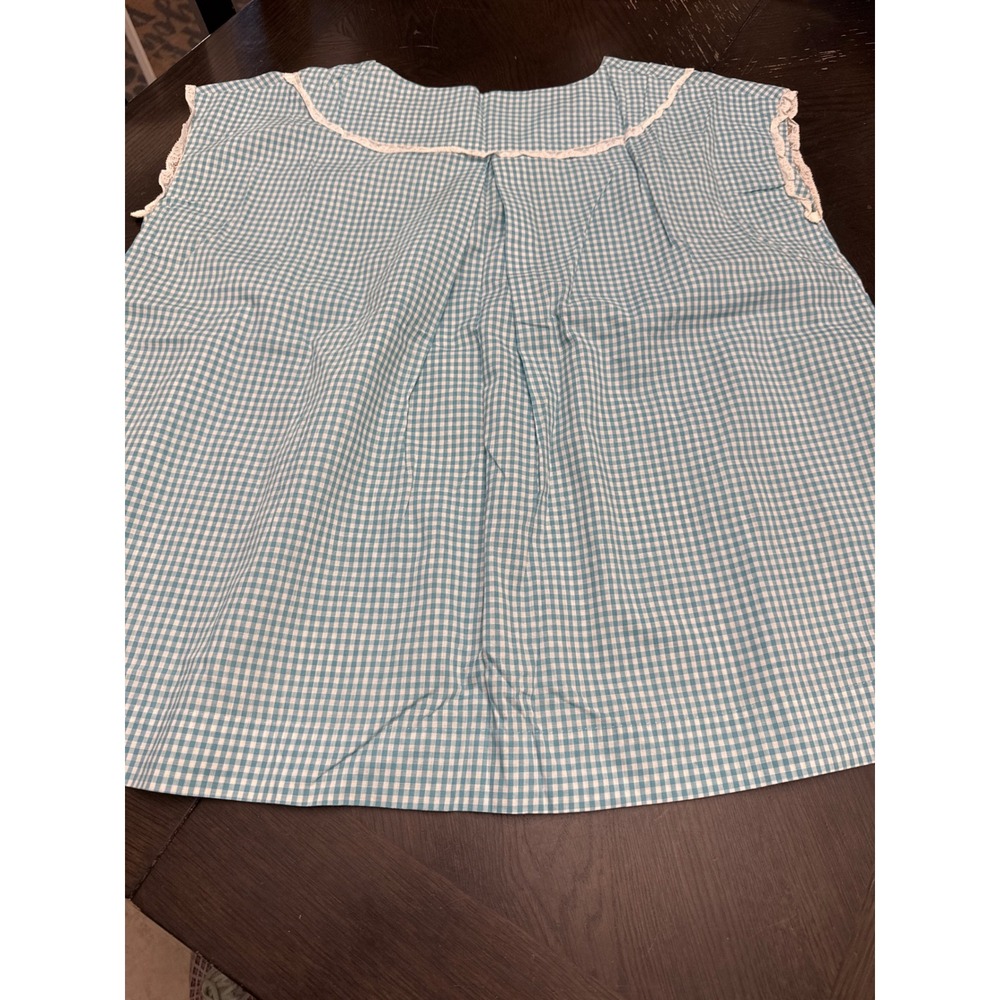 Vintage Style Teal Gingham Lace Trim‎ Sleeveless Blouse Pleated Yoke Top